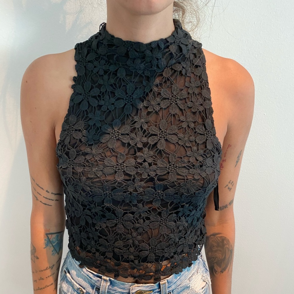 LF Black floral crochet high neck top